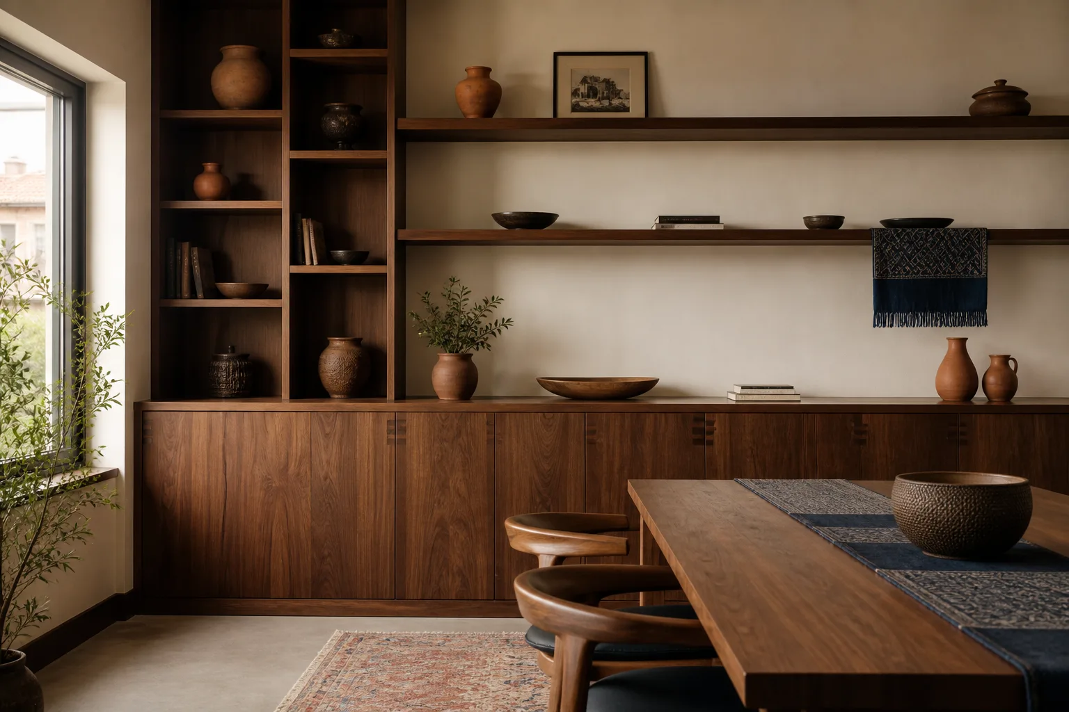 Hardwood blockboard shelving in a refined Kathmandu dining room