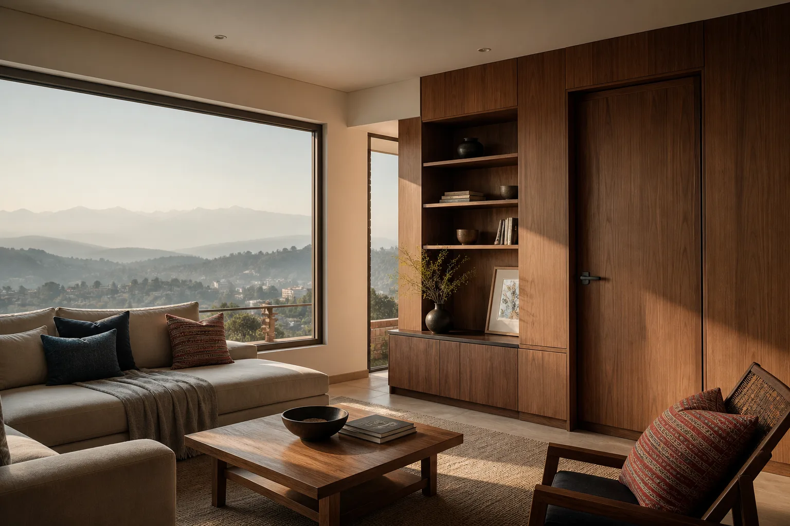 Contemporary Kathmandu hillside home finished with warm hardwood panels and a flush door